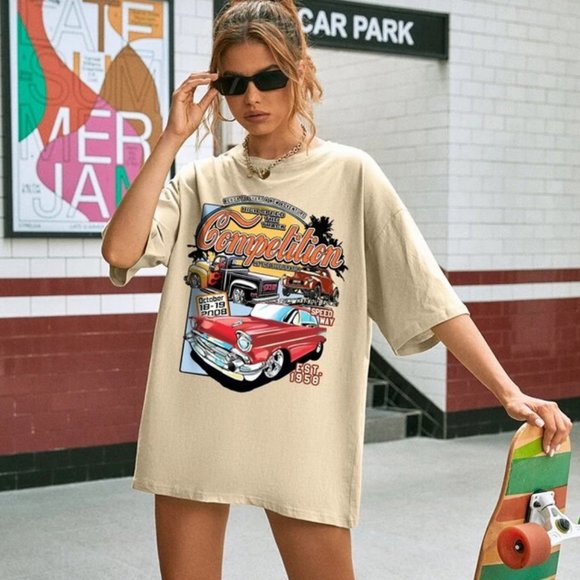 SHEIN Tops - SHEIN Car & Slogan Graphic Drop Shoulder Tee in Apricot Size L (8/10) NWT